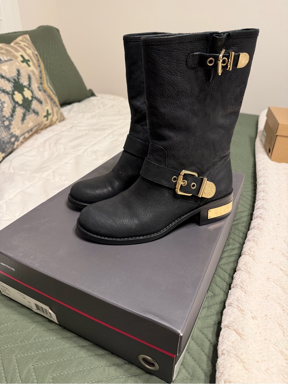 Vince Camuto Black Leather Mid-Calf Buckle Boots with Gold Hardware